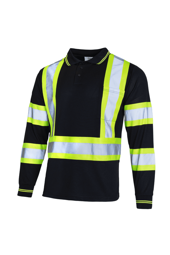 Hi-Vis Long Sleeve Safety Polo Shirt, ANSI Class 1 (Black, 2XL)