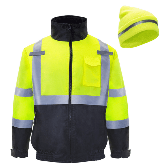 JORESTECH Hi-Vis Safety Bomber Jacket with Beanie Hat (Yellow, L)