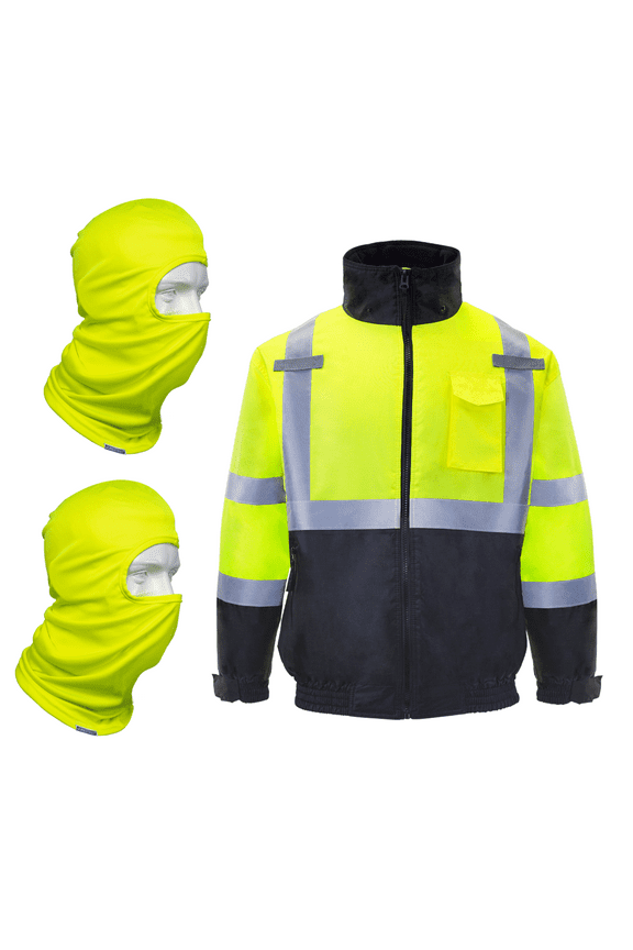 Hi-Vis Safety Bomber Jacket with Pair of Balaclava Face Covering Masks (Yellow, 2XL)