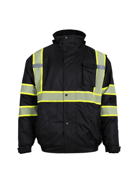 Hi-Vis Safety Jacket with Heat Transfer Reflective Tape and Removable Hood, JK-02 (Black, 2XL)