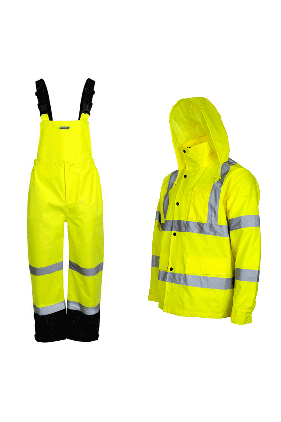 Hi-Vis Safety Rain Set, Jacket and Overalls (Yellow, XL)