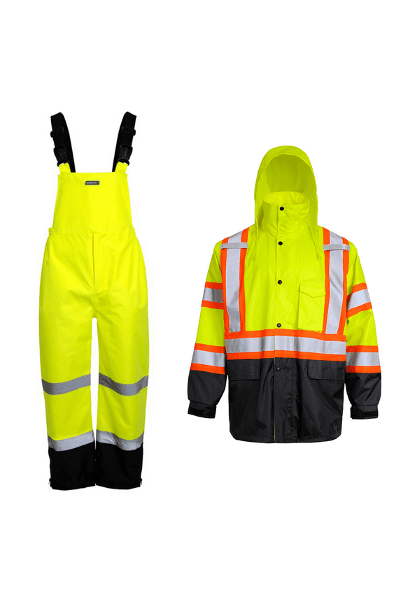 Hi-Vis Safety Rain Set, Two-Tone Parka Jacket and Pants (Yellow/Black, 4XL)