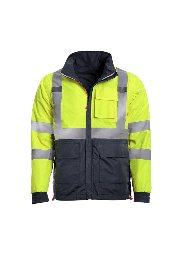 Hi-Vis Safety Windbreaker Jacket/Vest, 4-in-1 Reversible, ANSI Class 3 (Yellow/Grey, M)