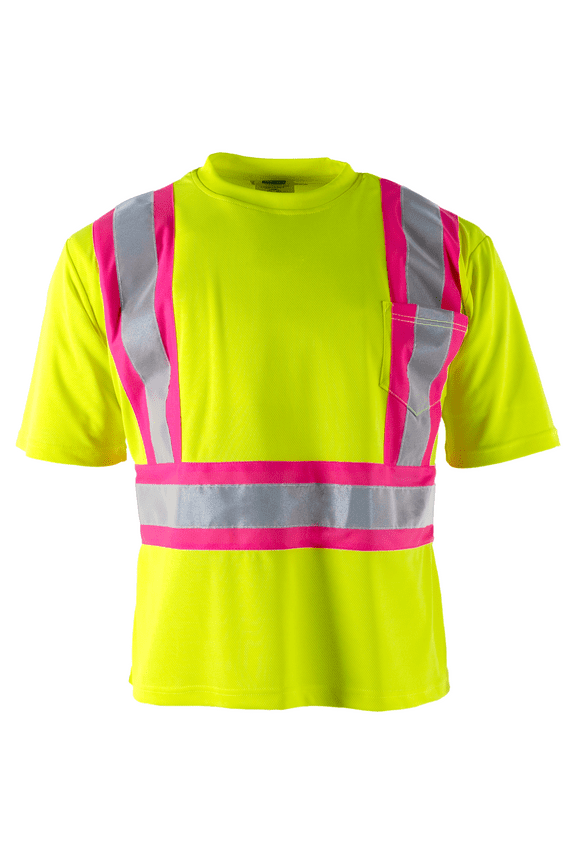 Hi-Vis Short-Sleeved, Two-Toned Work Safety T-Shirt, TS-21 (Yellow/Pink, L)