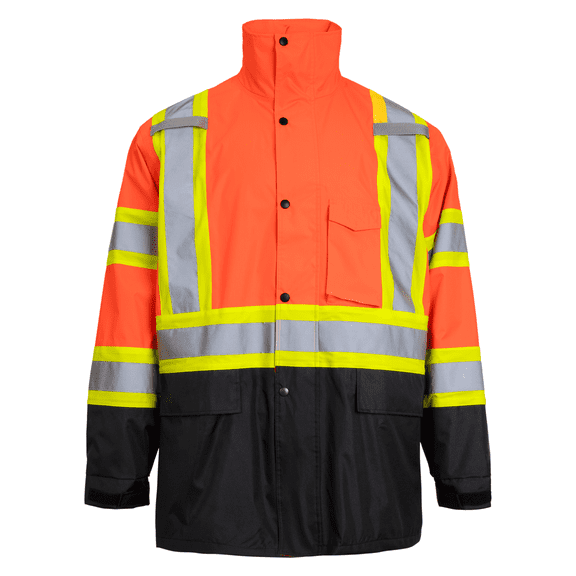 JORESTECH Hi-Vis Two-Tone Safety Rain Jacket with X Reflective Stripes (ORBK, L)