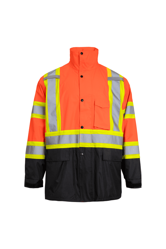 Hi-Vis Two-Tone Safety Rain Jacket with X Reflective Stripes (ORBK, XL)