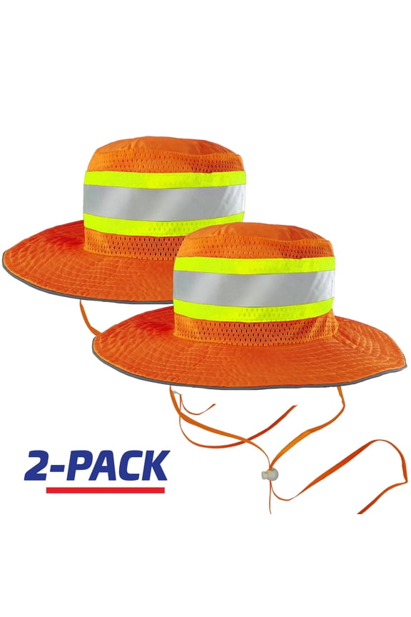 High Visibility Reflective Sun Hat 2-Pack, Wide Brim Boonie Work Hats with Mesh Ventilation and Chin Strap