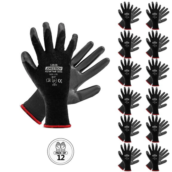 Jorestech PU Coated Work Gloves with Lightweight Polyester Liner, EN 388 3121X, 12-Pair Pack