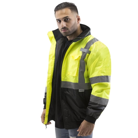 JORESTECH Safety Bomber Jacket (2XL) Reflective High Visibility Waterproof with Detachable Hood Yellow/Lime ANSI Class 3 Level 2Type R PPE