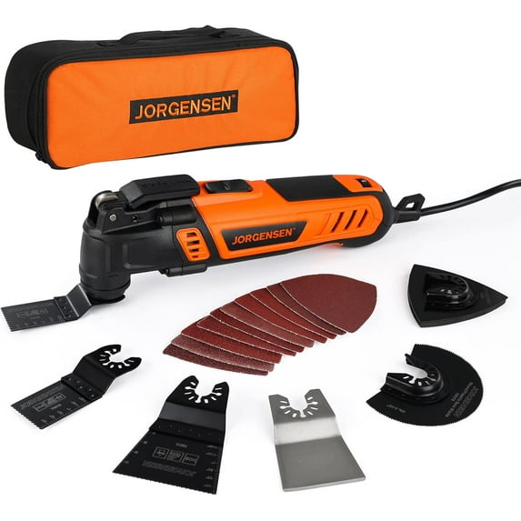 JORGENSEN Oscillating Tool 5°Oscillation Angle, 4 Amp Oscillating Multi Tools Saw, 7 Variable Speed with 16-piece Electric Multitool Blades & Carrying Bag - 70800