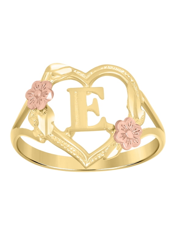 Heart Flower Initial Letter E Band Rings 10k, Two-Tone Gold (Gift Box)