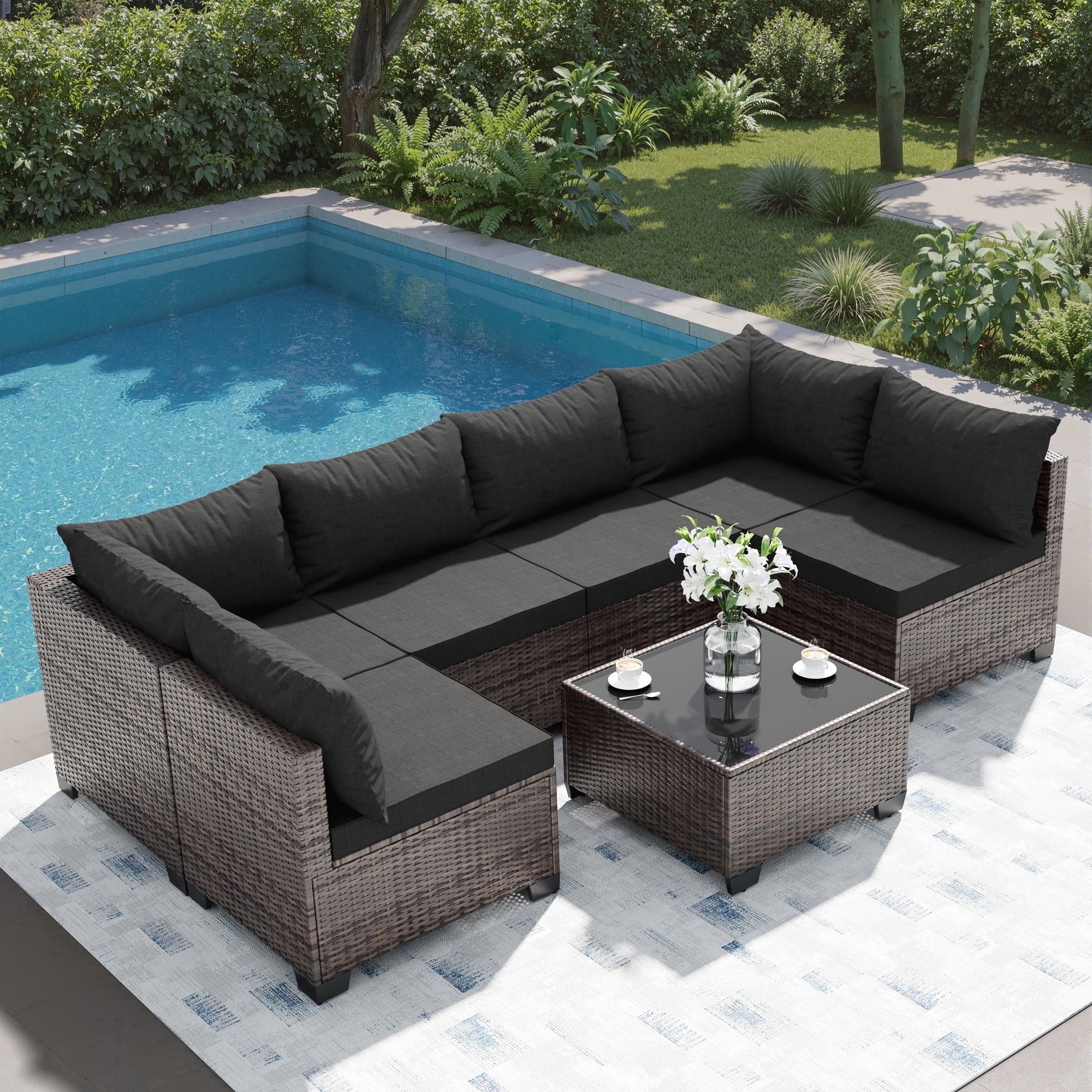 JORVIMAX 7 Piece Patio Furniture Set Outdoor Conversation Sets All-Weather Brown Rattan Wicker Patio Sectional Sofa with Cushions Black