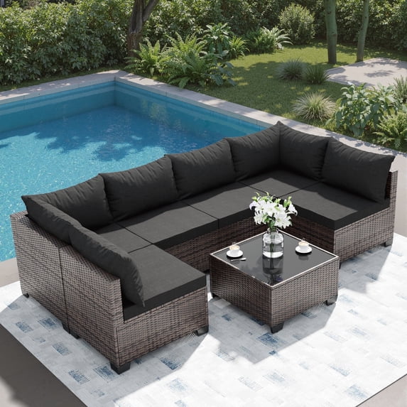 JORVIMAX 7 Piece Patio Furniture Set Outdoor Conversation Sets All-Weather Brown Rattan Wicker Patio Sectional Sofa with Cushions Black