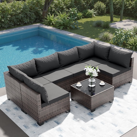 JORVIMAX 7 Piece Patio Furniture Set Outdoor Conversation Sets All-Weather Brown Rattan Wicker Patio Sectional Sofa with Cushions Dark Gray