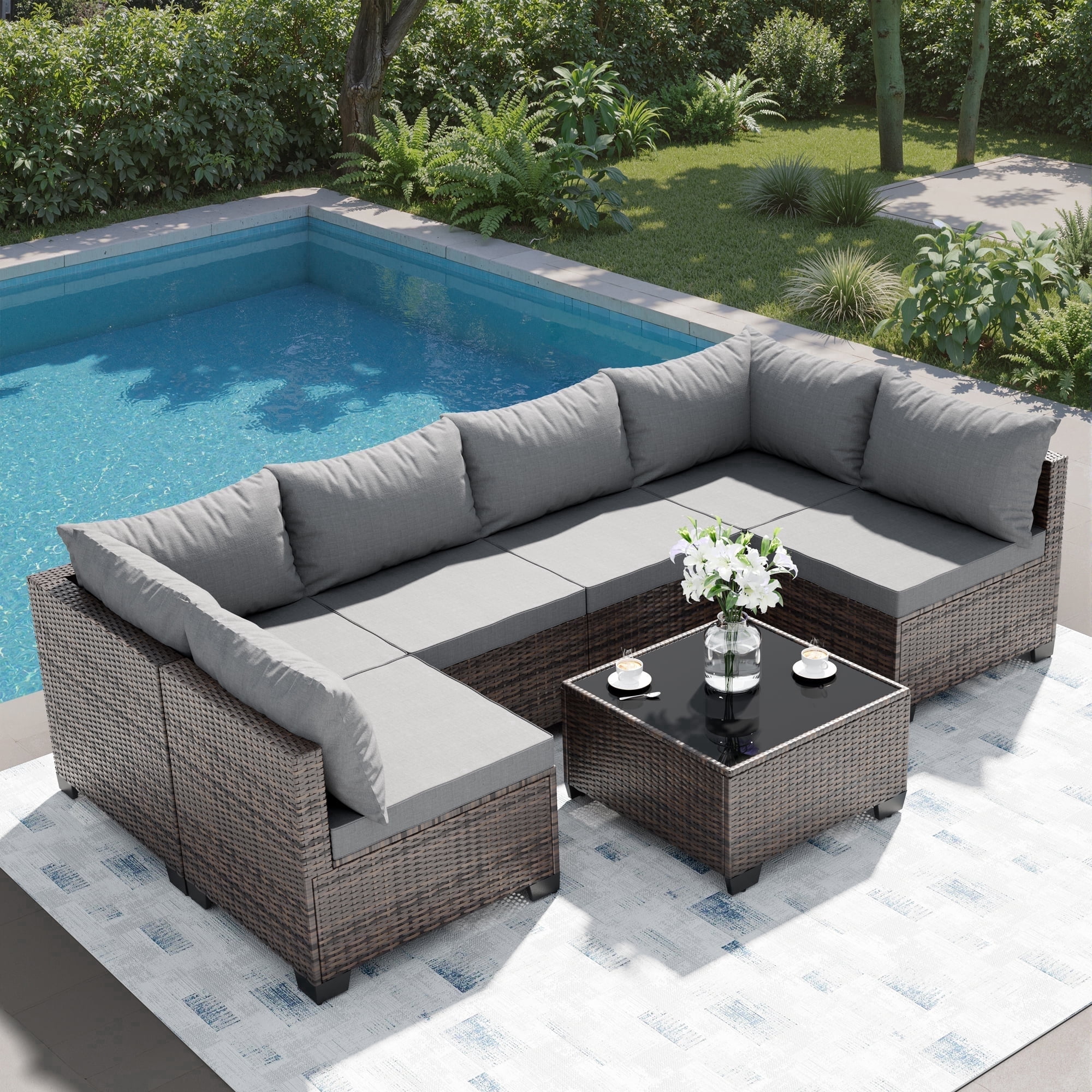 JORVIMAX 7 Piece Patio Furniture Set Outdoor Conversation Sets All-Weather Brown Rattan Wicker Patio Sectional Sofa with Cushions Light Gray