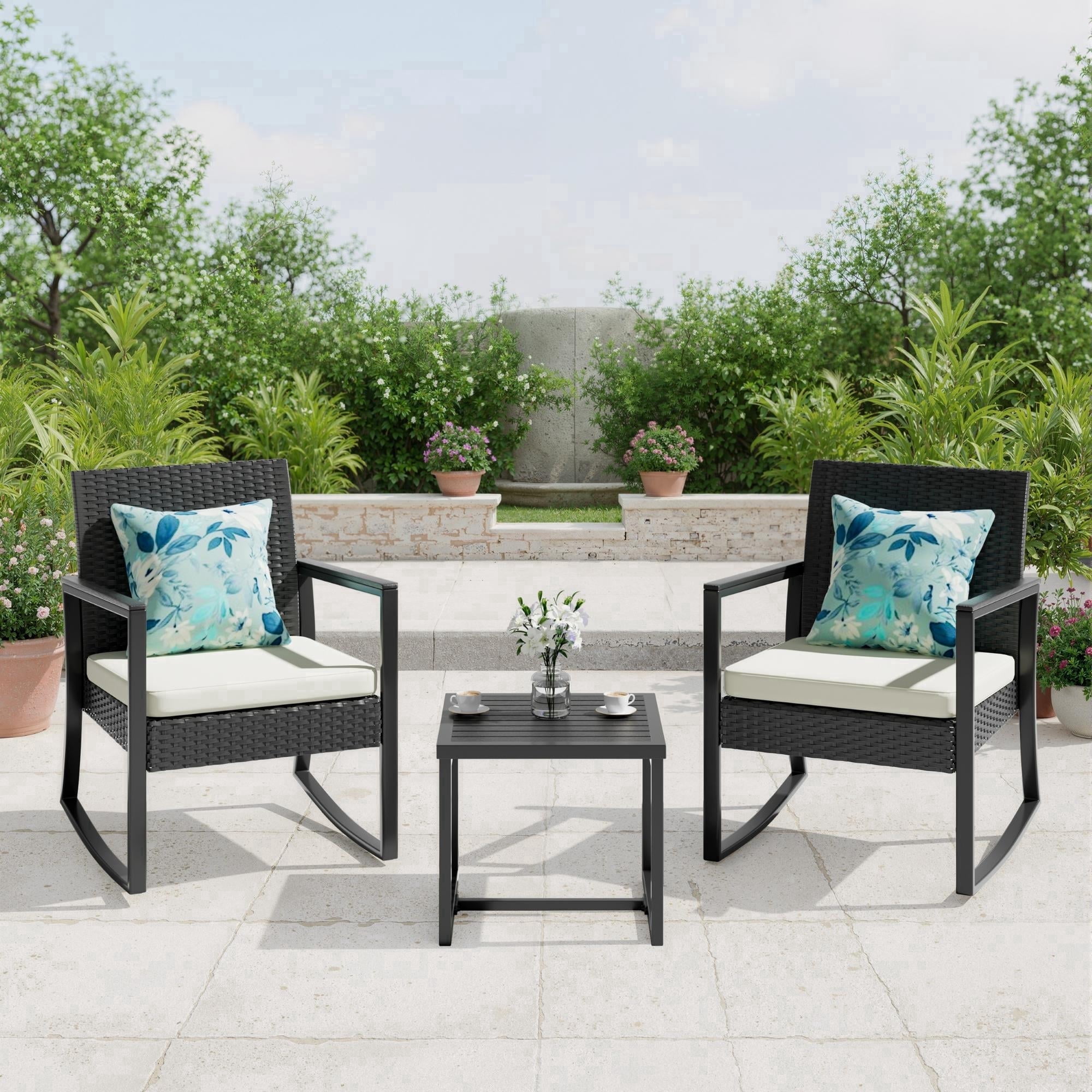 JORVIMAX Patio Conversation Set Outdoor Furniture Set Porch Bistro Set Rocking Chairs With Coffee Table Beige