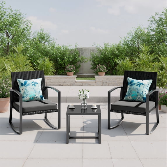 JORVIMAX Patio Conversation Set Outdoor Furniture Set Porch Bistro Set Rocking Chairs With Coffee Table Black