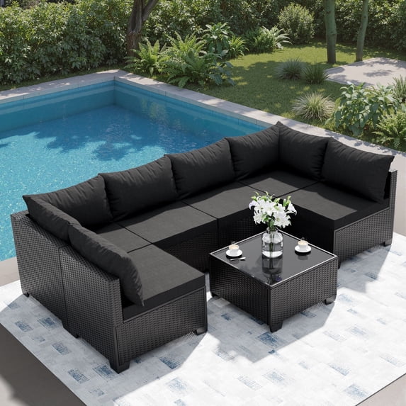 JORVIMAX Patio Furniture Sets 7 Pieces Outdoor Conversation Set All Weather Modular Sectional Sofa Wicker Rattan Sofa With Black Cushion
