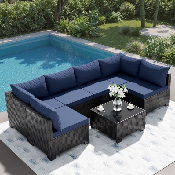JORVIMAX Patio Furniture Sets 7 Pieces Outdoor Conversation Set All Weather Modular Sectional Sofa Wicker Rattan Sofa With Blue Cushion