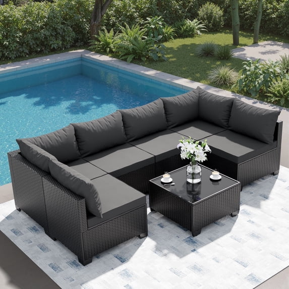 JORVIMAX Patio Furniture Sets 7 Pieces Outdoor Conversation Set All Weather Modular Sectional Sofa Wicker Rattan Sofa With Dark Gray Cushion