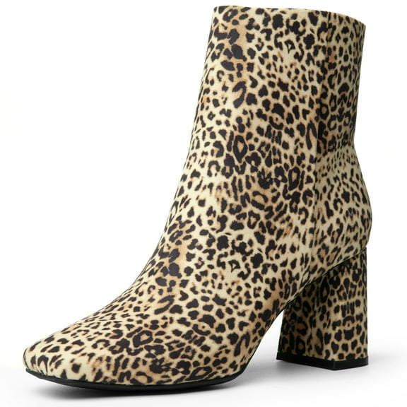 JORYA Women's Square Toe Chunky Heels Side Zipper Leopard Ankle Boots