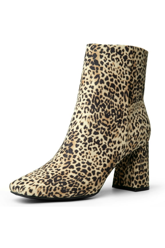 Women's Square Toe Chunky Heels Side Zipper Leopard Ankle Boots