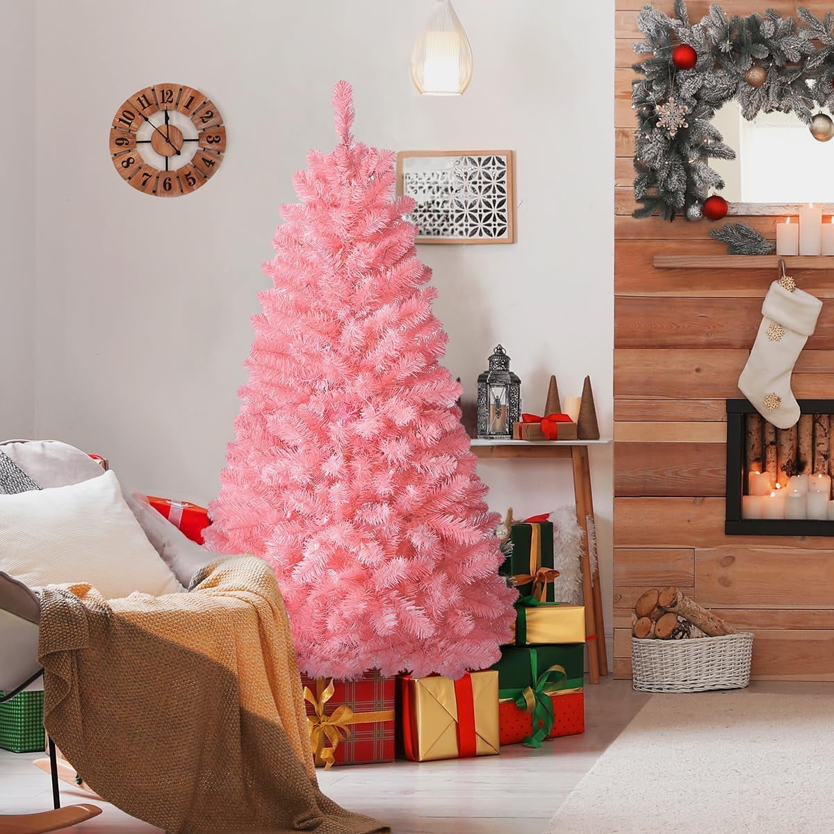 JOSTYLE 4.5FT Pre-Lit Christmas Tree Pink with 150 Lights and 330 ...