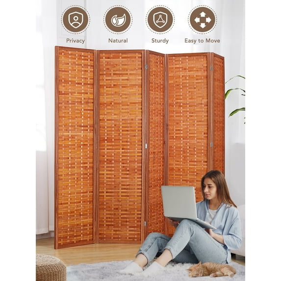 JOSTYLE 5-Panel Room Divider Folding Privacy Screen Divider for Room Separation with Natural Bamboo Pinewood Frame Red Brown