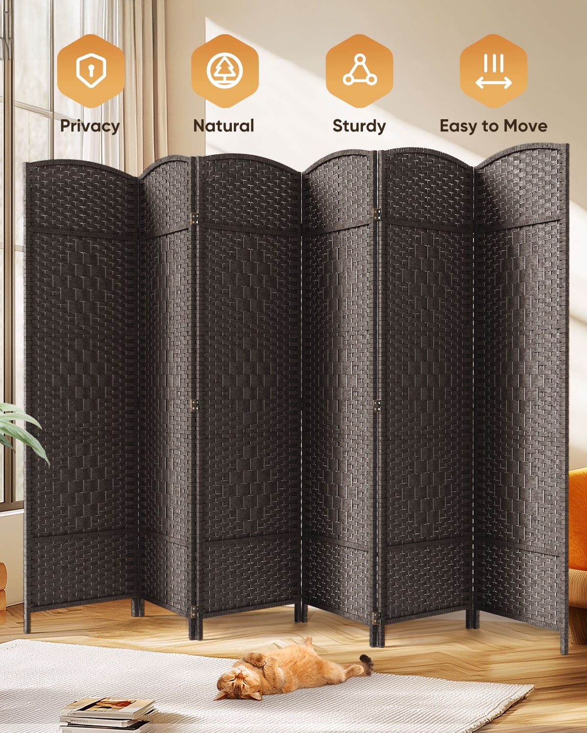 JOSTYLE Room Divider 6ft. Tall Extra Wide Extra Wide Privacy Screen, Folding Privacy Screens with Diamond Double-Weave Room dividers and Freestanding Room Dividers Privacy Screens (Espresso, 6-Panel)