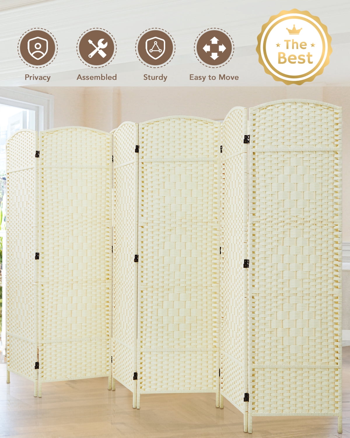 JOSTYLE Paravento Pieghevole Extra Largo 1,8m X 2m - Divisorio A 4 Pannelli Con Trama A Diamante E Cornice In Legno - Giallo, Autoportante