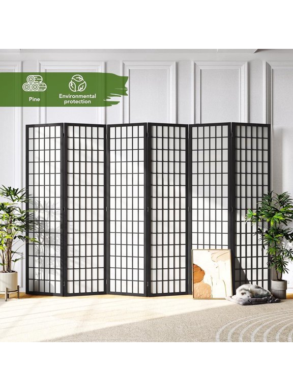 Room Divider Screen 6 Panel, 5.9 Ft Folding Privacy Screen for Room Separation, Shoji Screen Japanese Style Room Divider Wall, Black