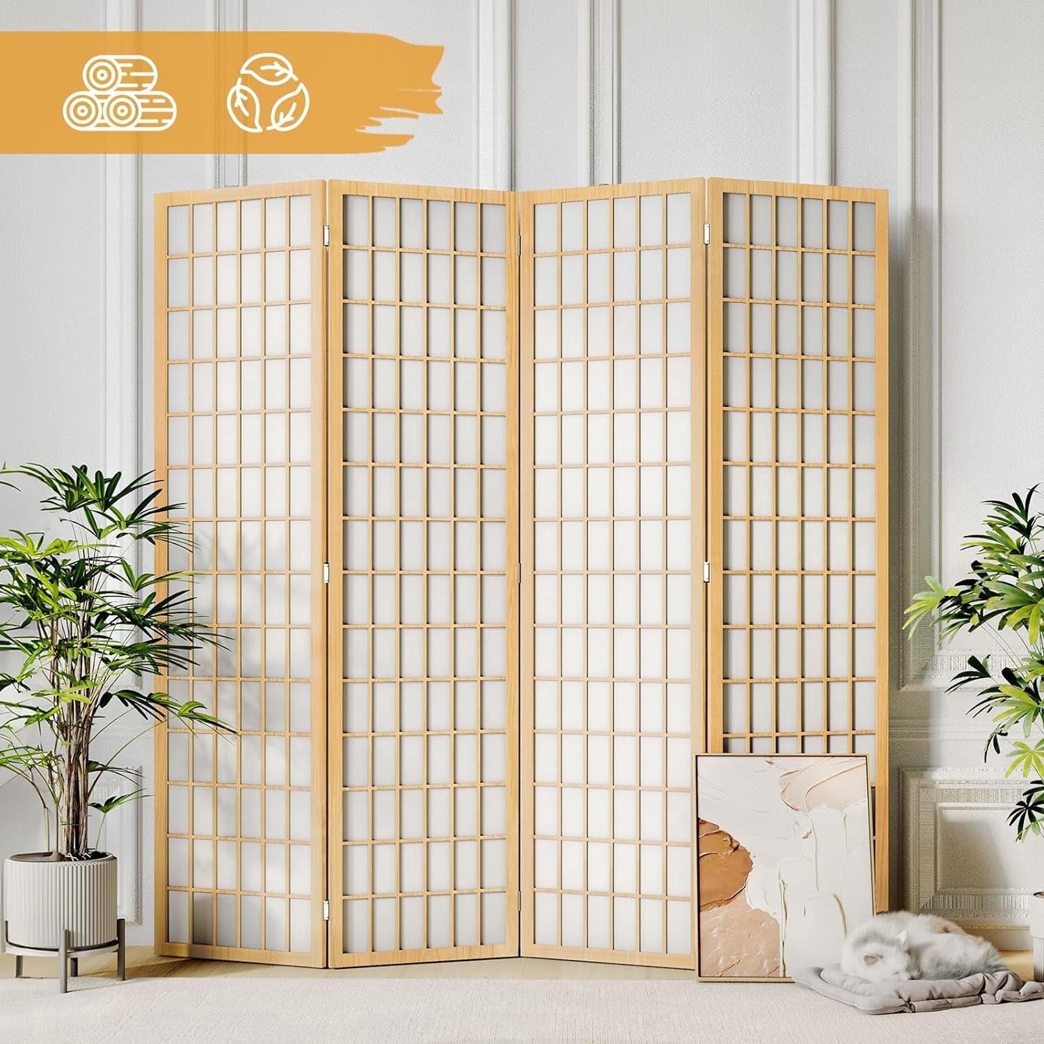 JOSTYLE Room Divider Wall 4 Panel, Folding Privacy Screen for Room Separation, Shoji Screen Japanese Style Room Divider Screen, 5.9 Ft, Natural