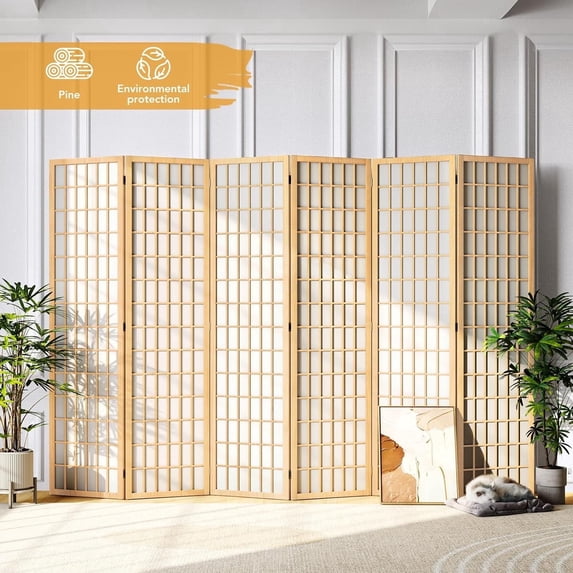 JOSTYLE Room Divider Wall Shoji Screen, 6 Panel Folding Privacy Screen for Room Separation, Japanese Wood Room Divider Screen, 5.9 Ft, Natural
