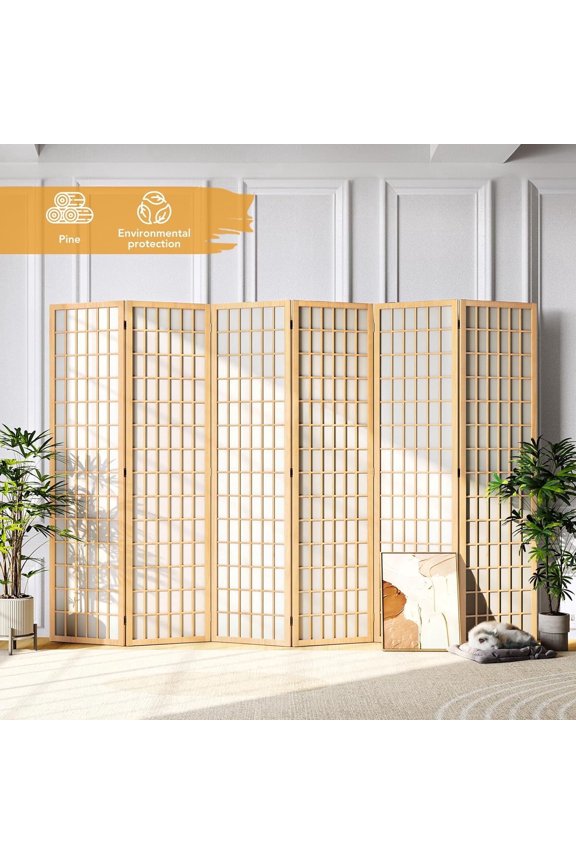 Room Divider Wall Shoji Screen, 6 Panel Folding Privacy Screen for Room Separation, Japanese Wood Room Divider Screen, 5.9 Ft, Natural