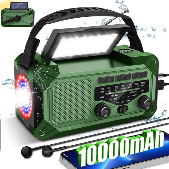 JOUALY 10000mAh Emergency Weather Radio with Solar Charging, Hand Crank Radio Solar Portable Radio AM/FM/NOAA Radio LED Flashlight Reading Lamp Compass Phone Charger SOS Alarm for Outdoor Camping