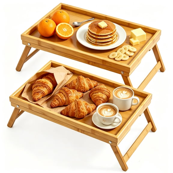JOUALY 2 Pack Bamboo Bed Tray Table with Folding Legs, 15.75×11.81 Inch Natural Breakfast Serving Tray, Multipurpose Laptop Snack Tray for Bed Sofa Eating Working