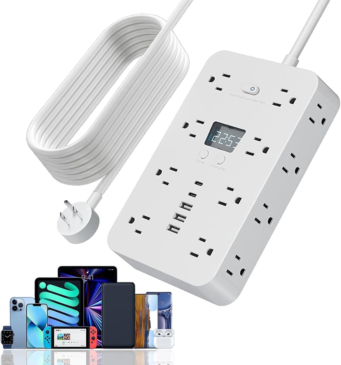 JOUALY 21-in-1 Power Strip with Digital Clock, Surge Protector with 16 Wide Spaced AC Outlets & 5 USB Ports(3A2C), Flat Plug 5FT Cord, FCC Certified USB Charging Station for Home Office Dorm, white