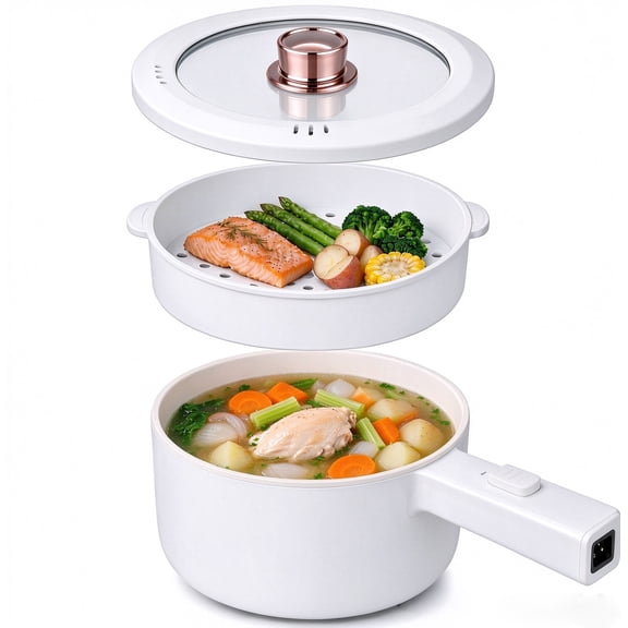 JOUALY 2L Multi-Function Electric Rice Cooker with Detachable Steamer Basket, Dual Power 350W/700W Portable Mini Electric Hot Pot, Ceramic Non-Stick Cooking Pot for Dorm, Apartment, Office, RV Travel
