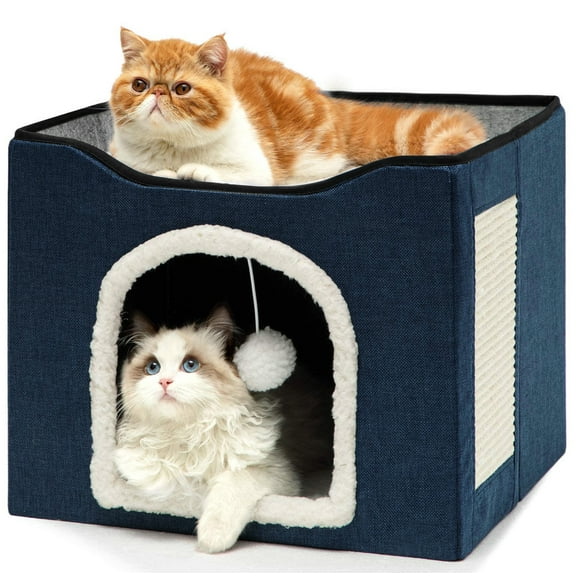 JOUALY Cat Beds for Indoor Cats, Large Covered Cat House with Scratch Pad, Ball Hanging, Foldable Cat Cave Bed & Hideaway with Reversible Cushion, Pet Bed for Multi Small Pet Large Kitten Kitty