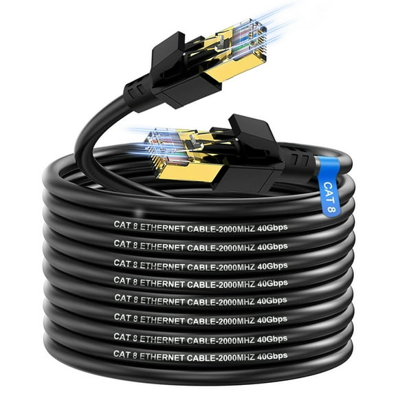 JOUALY Cat8 Ethernet Cable 100FT,High Speed Heavy Duty 26AWG Cat8 LAN Network Cable 40Gbps,2000Mhz with Gold Plated RJ45 Connector,Outdoor&IndoorInternet Cable Compatible for Router Gaming Modem Xbox