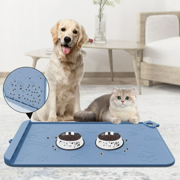 JOUALY Dog Food Mat- Silicone Pet Placemat for Food and Water - 24" x 36" Pet Feeding Mats with Residue Collection Pocket - Waterproof Dog Cat Bowl Mat with High Edges to Prevent Water Food Spills