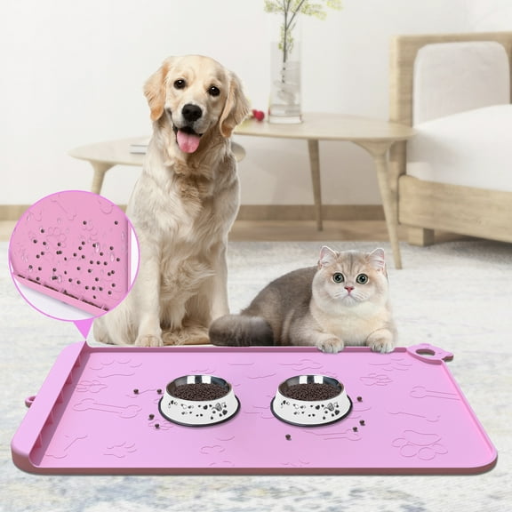 JOUALY Dog Food Mat- Silicone Pet Placemat for Food and Water - 18" x 12" Pet Feeding Mats with Residue Collection Pocket - Waterproof Dog Cat Bowl Mat with High Edges to Prevent Water Food Spills