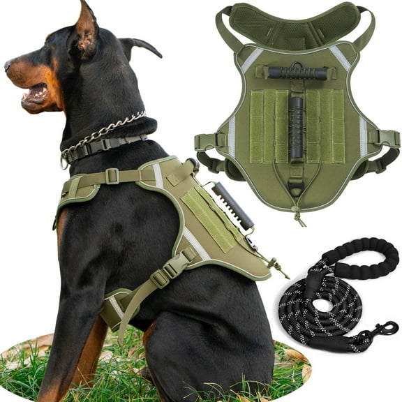 JOUALY Dog Harness and Leash Set, Adjustable Soft Padded Pet Harness with Handle and 5 Feet Leash,Adjustable Reflective Pet Harness for Small to Large Dogs, Army Green,M