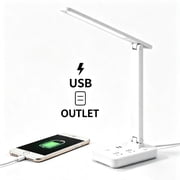 JOUALY Foldable LED Eye Caring Desk Lamp with 2 AC Outlets & 2 USB Charging Ports, Space Saving Table Lamp with Detachable Phone Holder, Power Strip Reading Lig
