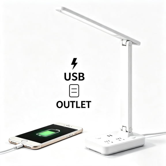 JOUALY Foldable LED Eye Caring Desk Lamp with 2 AC Outlets & 2 USB Charging Ports, Space Saving Table Lamp with Detachable Phone Holder, Power Strip Reading Light for Dorm Bedroom Home Office Study