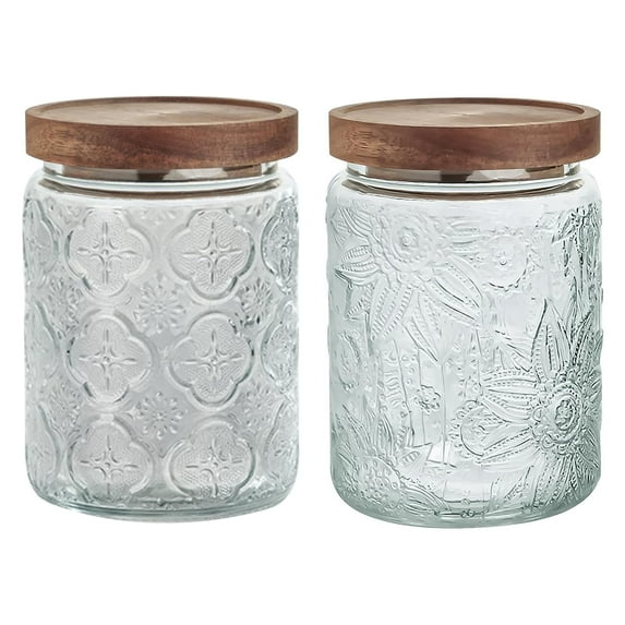 24 OZ/2PCS Airtight Food Storage Jar with Bamboo Wooden Lids,Vintage Food Containers Canisters Sets for Kitchen Counter Pantry, Sugar, Flour, Candy, Tea, Coffee Beans, Oats, Grain Bin
