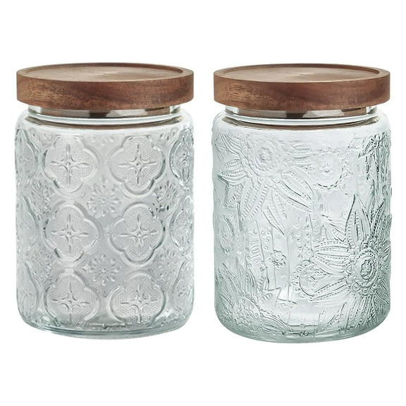 24 OZ/2PCS Airtight Food Storage Jar with Bamboo Wooden Lids,Vintage Food Containers Canisters Sets for Kitchen Counter Pantry, Sugar, Flour, Candy, Tea, Coffee Beans, Oats, Grain Bin