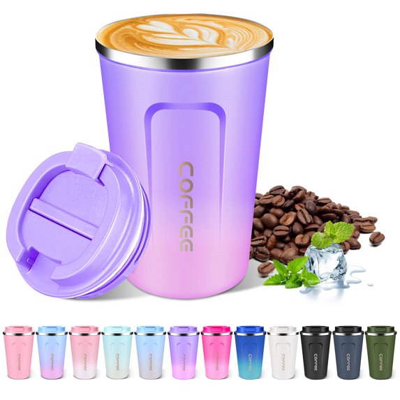 JOUALY Travel coffee mug 13 floz Insulated Coffee cup with lid reusable Leak proof Coffee Tumbler Stainless Steel Vacuum Gradient Colorful Thermos cup Thermal Keeps Cold and Hot for Coffee/Tea
