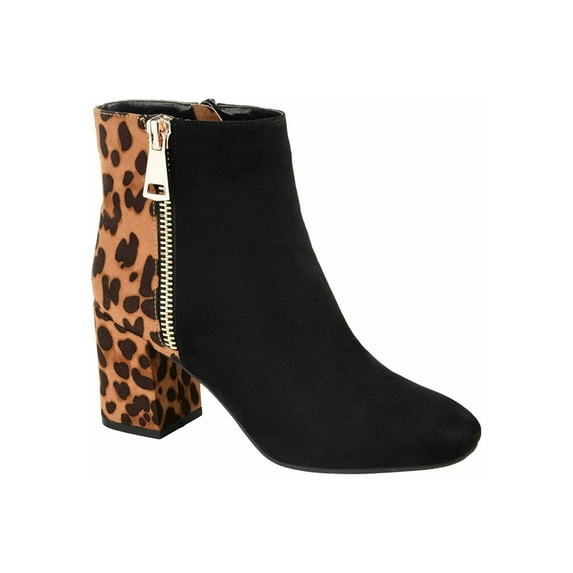 JOURNEE COLLECTION Womens Black Animal Print Zipper Detail Cushioned Sarah Block Heel Zip-Up Dress Booties 7
