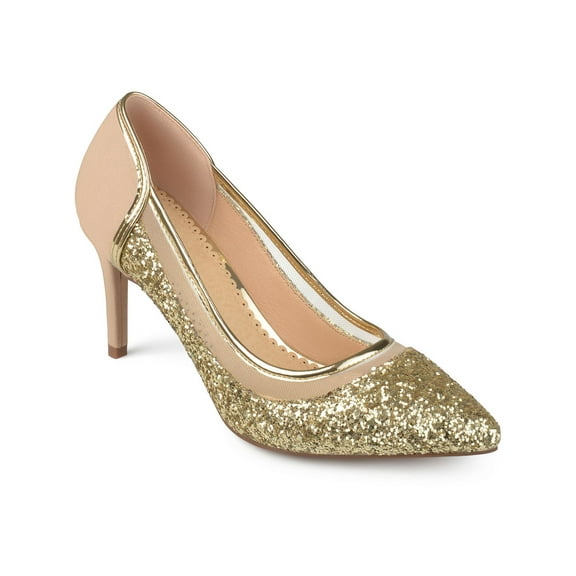 JOURNEE COLLECTION Womens Gold Mesh Glitter Padded Kalani Pointed Toe Stiletto Slip On Pumps 8 M